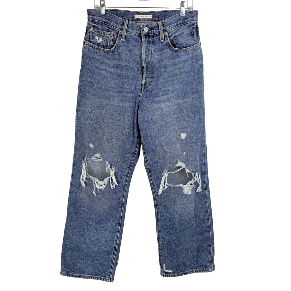 Levi's Ribcage Straight Ankle Jeans Women‎ 30 Distressed Blue Denim